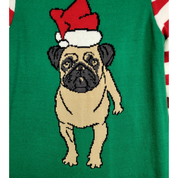 Ugly Christmas Sweater Womens Large Green Pug Santa Hat Striped Sleeves - Picture 5 of 13